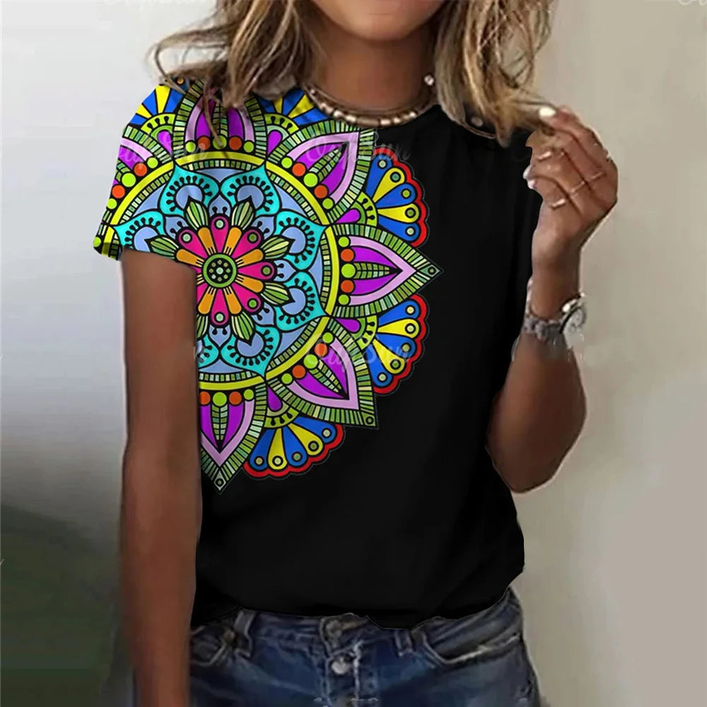 Summer Women Clothing T-shirt Crewneck Top Casual Comfort Short Sleeve Vintage Print Loose Breathable Clothing Women's T-shirt