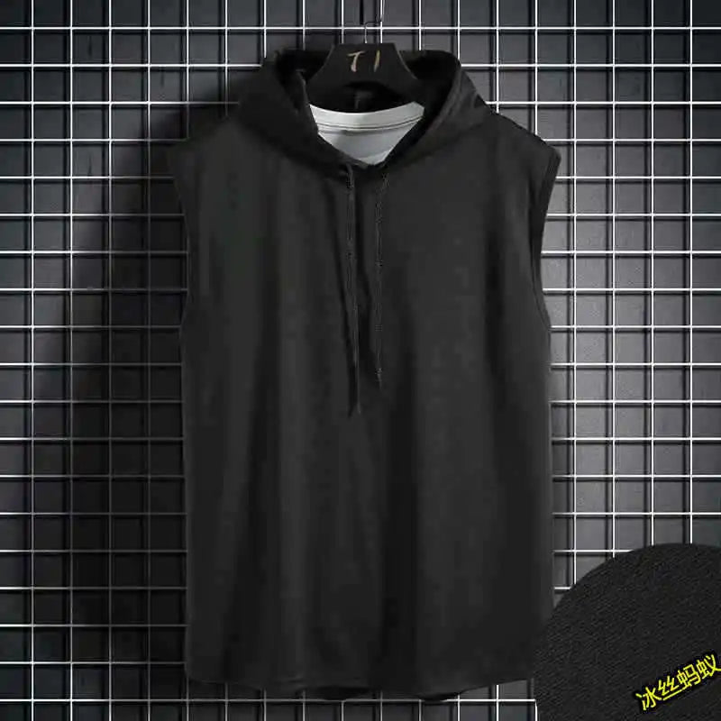 Men Tie Collar Hooded Sleeveless Vests Male Summer Loose Solid Hip Hop Tee Shirt Tops AYH-01
