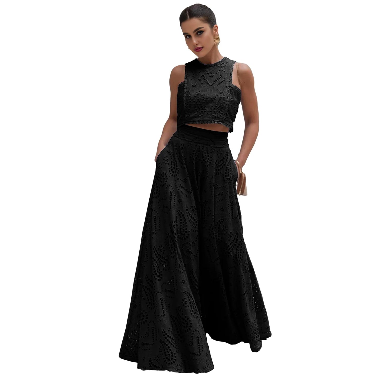 Women's Summer 2 Piece Outfits Tank Crop Tops Long Skirt Set Sleeveless Maxi Dress with Pocket Nightclub Party Dress