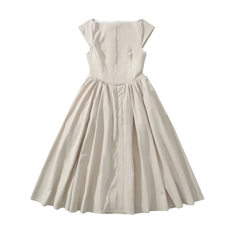 YENKYE High Street Women Sexy Backless Pleated Swing A-line Midi Dresses Short Sleeve Low Waist Elegant Party Dress Black Robe