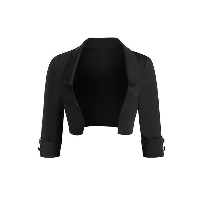 2025 Womens Gothic Dresses Sets Solid Color Open Front Crop Jacket and Lace Up Buckle Strap Crisscross Dress Outfit
