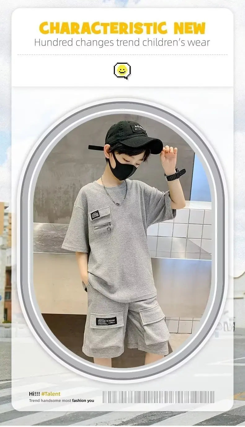Summer Kids Boys T-Shirt+Shorts 2-Piece Set Letter Printing Children Teen Loose Comfortable Sports Casual Clothes 4-14 Years Old