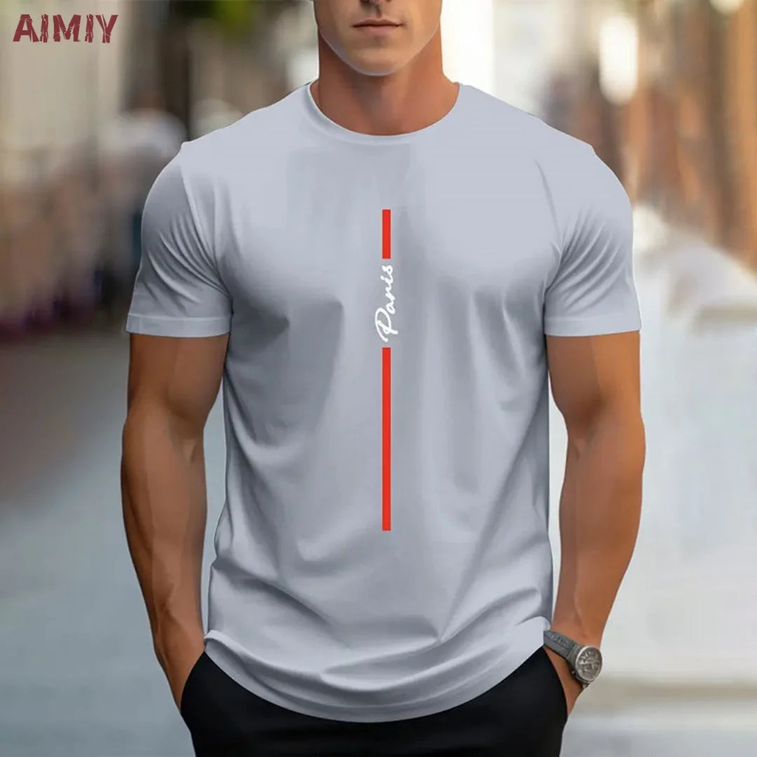 Summer Men's T-shirt Top Casual Loose Fit Oversized T-shirt PARI Letter Pattern Printed Round Neck Short Sleeved Homme Vêtement