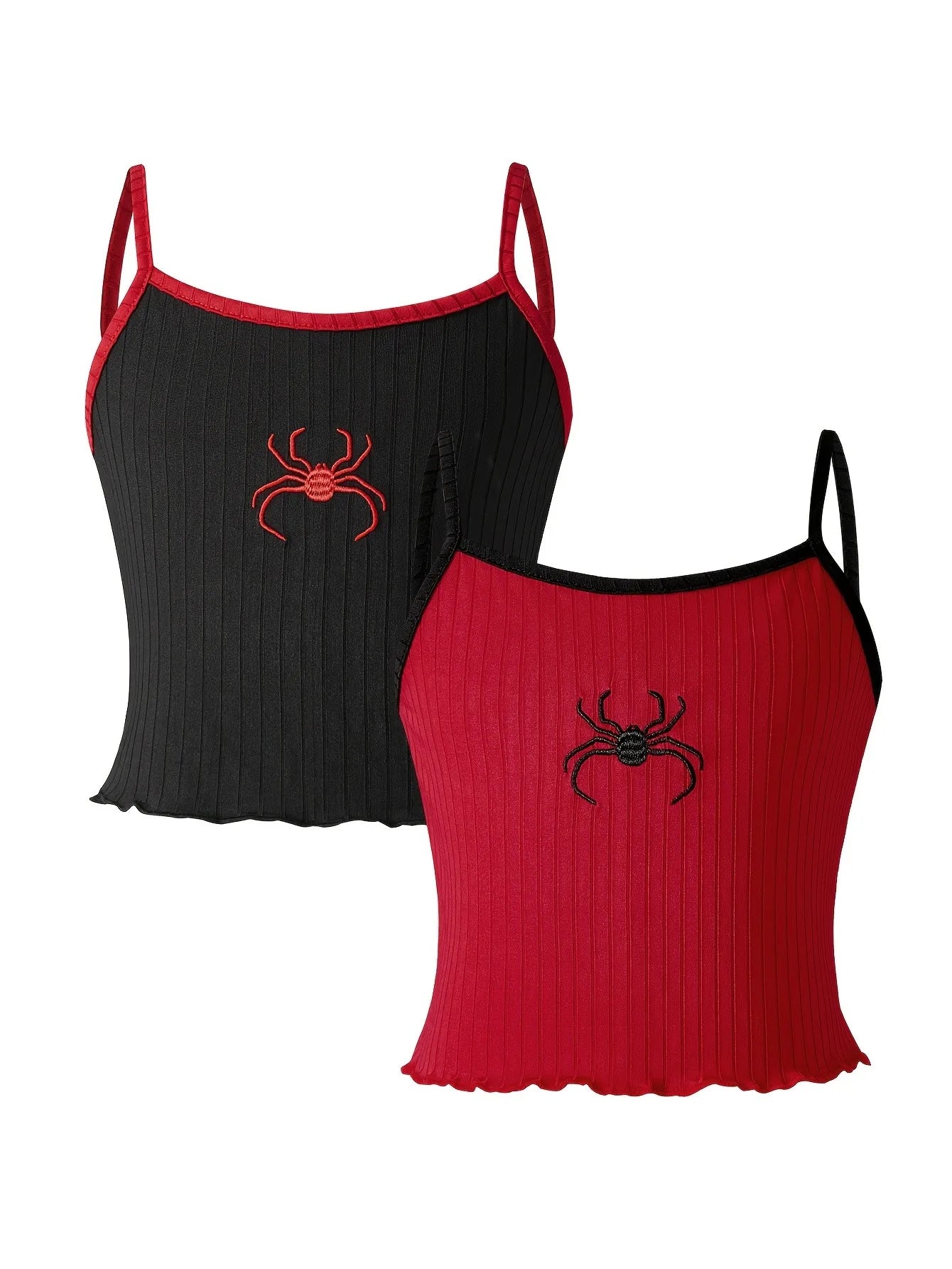 2-Pack Girls Spider Embroidered Ribbed Crop Cami Tops Casual Y2K Streetwear