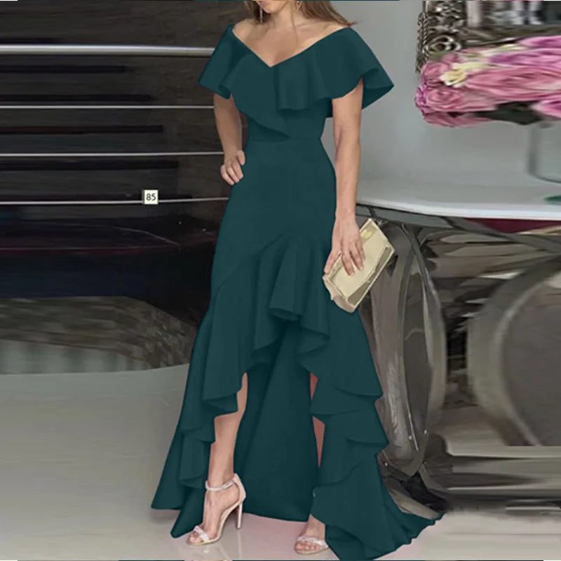 Summer Women Elegant Evening Long Dress 2025 Fashion Elegant V Neck Slim Wrap Hip Solid Color Party Prom Ruffle Sleeves Vestidos