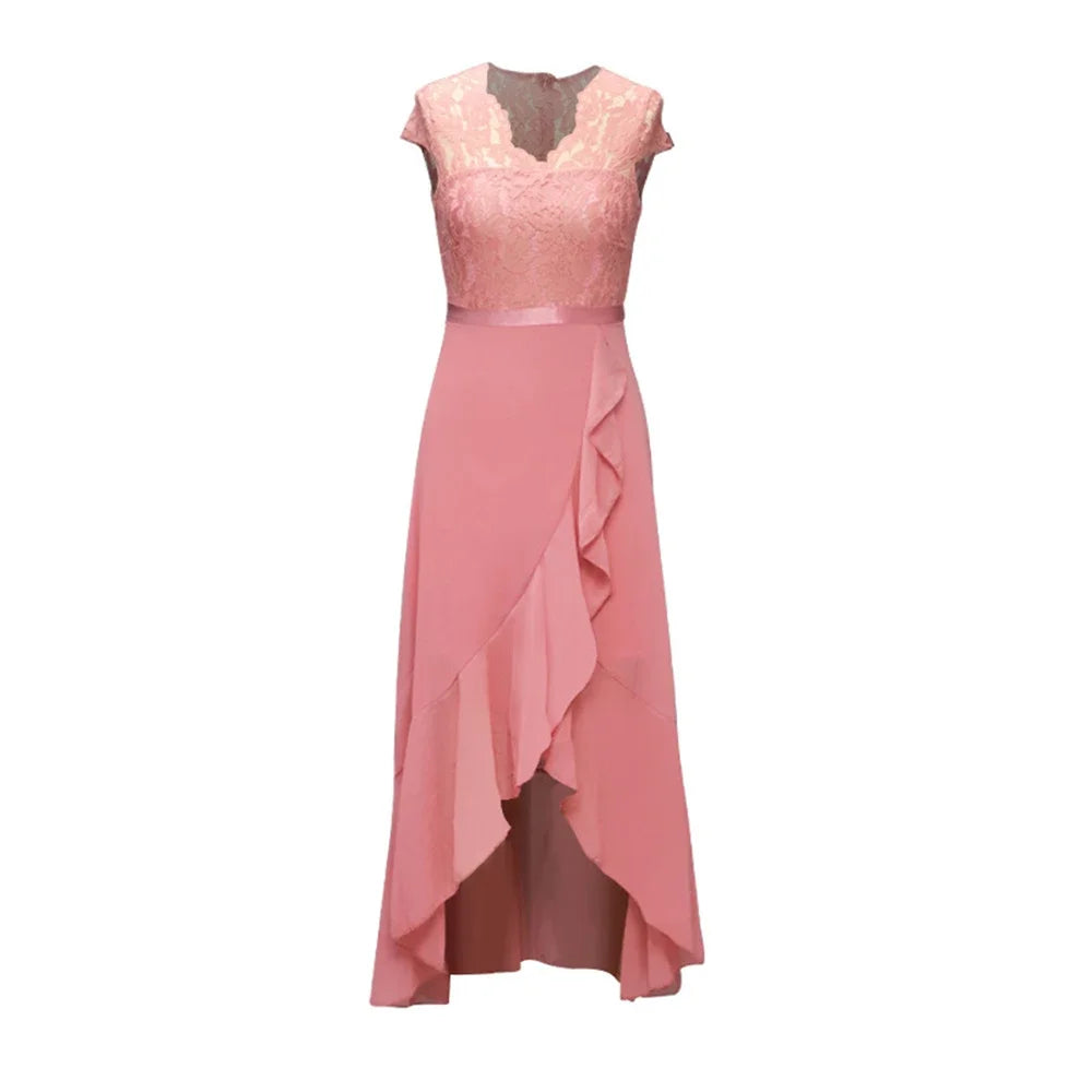Women Evening Party Dress Summer Elegant Fashion Sleeveless Lace Spliced Chiffon Ruffled Irregular Hem Cocktail Long Dresses