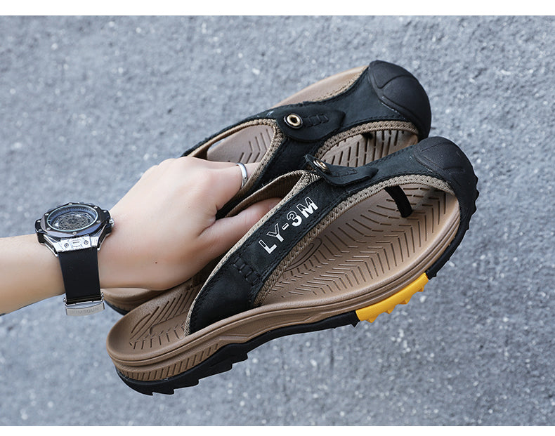 Genuine Cow Leather Shoes Men Sandals Mens Flip Flops Men's Casual Shoes Classic Massage Beach Slippers Anti-slip Summer 2021