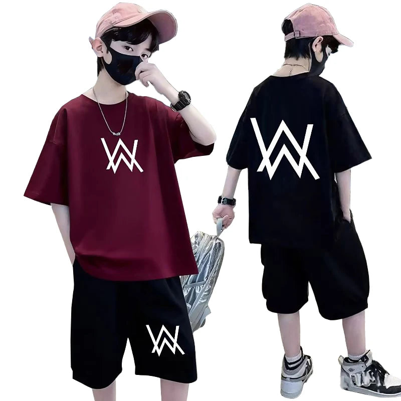 Summer Teenager Boys Clothing Set Cotton Letter Short Sleeve T-shirt Shorts 2Pc For 4-14Years Kids Fashion Outfits Children Suit
