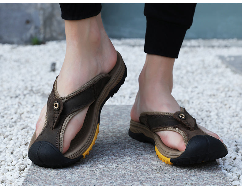 Genuine Cow Leather Shoes Men Sandals Mens Flip Flops Men's Casual Shoes Classic Massage Beach Slippers Anti-slip Summer 2021