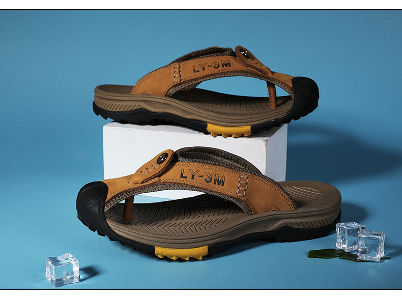 Genuine Cow Leather Shoes Men Sandals Mens Flip Flops Men's Casual Shoes Classic Massage Beach Slippers Anti-slip Summer 2021