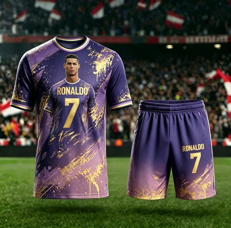 2026 Summer New # 7 Cristiano Ronaldo Short Sleeved AI Red Purple Football Shirt Adult Children Fashion Casual Large Sports Set