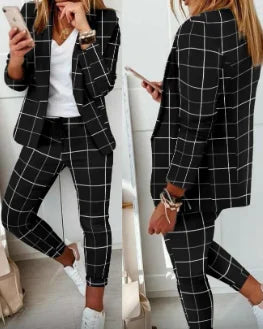 Office Two Piece Set for Women Shawl Collar Long Sleeve Daily Work Medium Stretch Plaid Print Blazer & Drawstring Ol Pants Set