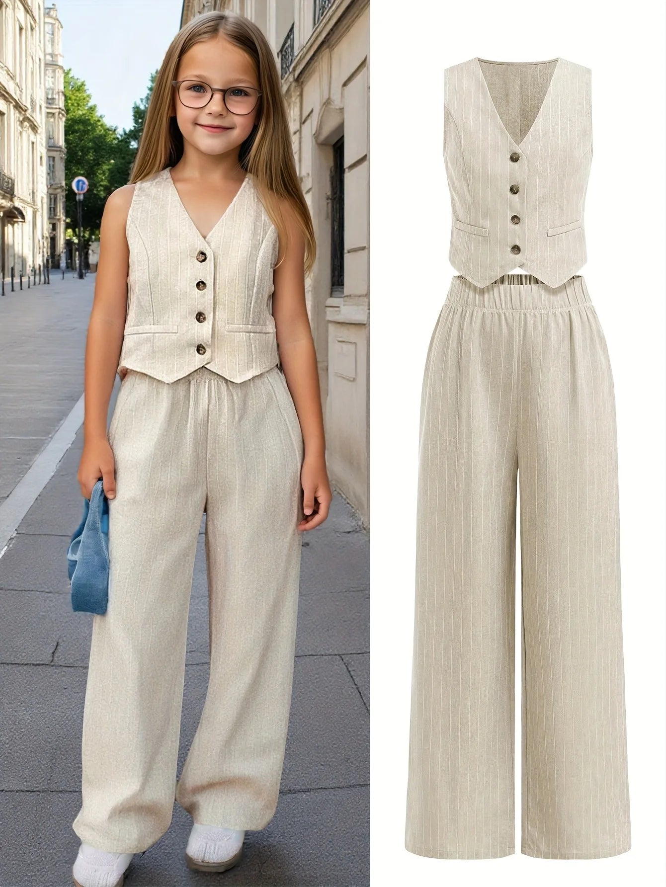 Girls 2-Piece Linen Blend Suit - Beige Pinstripe Waistcoat & Wide Leg Pants Formal Set for Kids