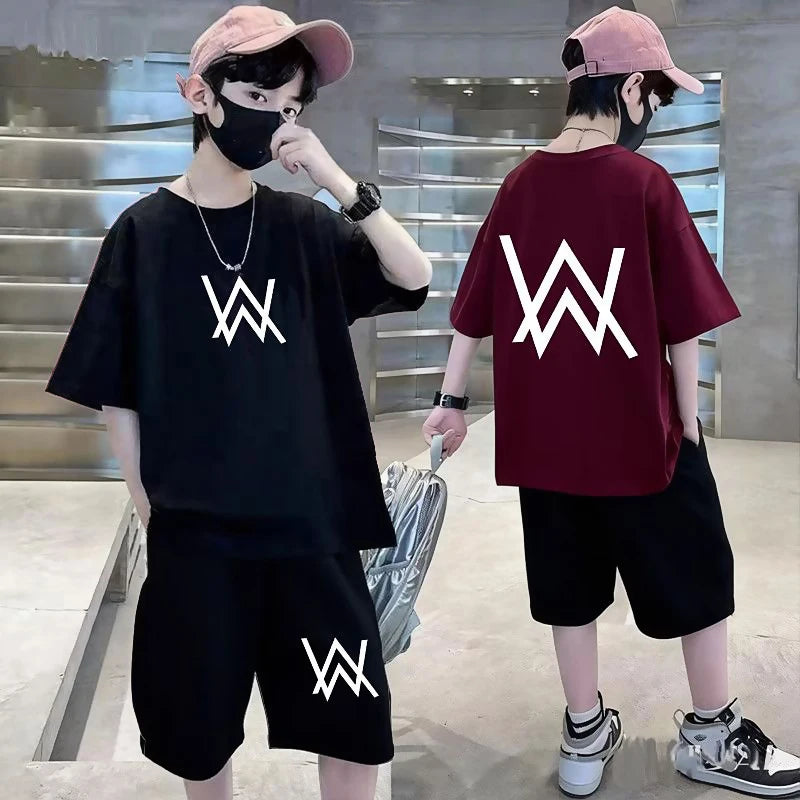 Summer Teenager Boys Clothing Set Cotton Letter Short Sleeve T-shirt Shorts 2Pc For 4-14Years Kids Fashion Outfits Children Suit