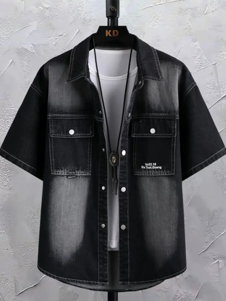 Summer 2025 Men Clothing Denim Short Sleeve Shirt Men's Retro Thin Light Blue Casual Top Student Half Sleeve Shirt with Pocket