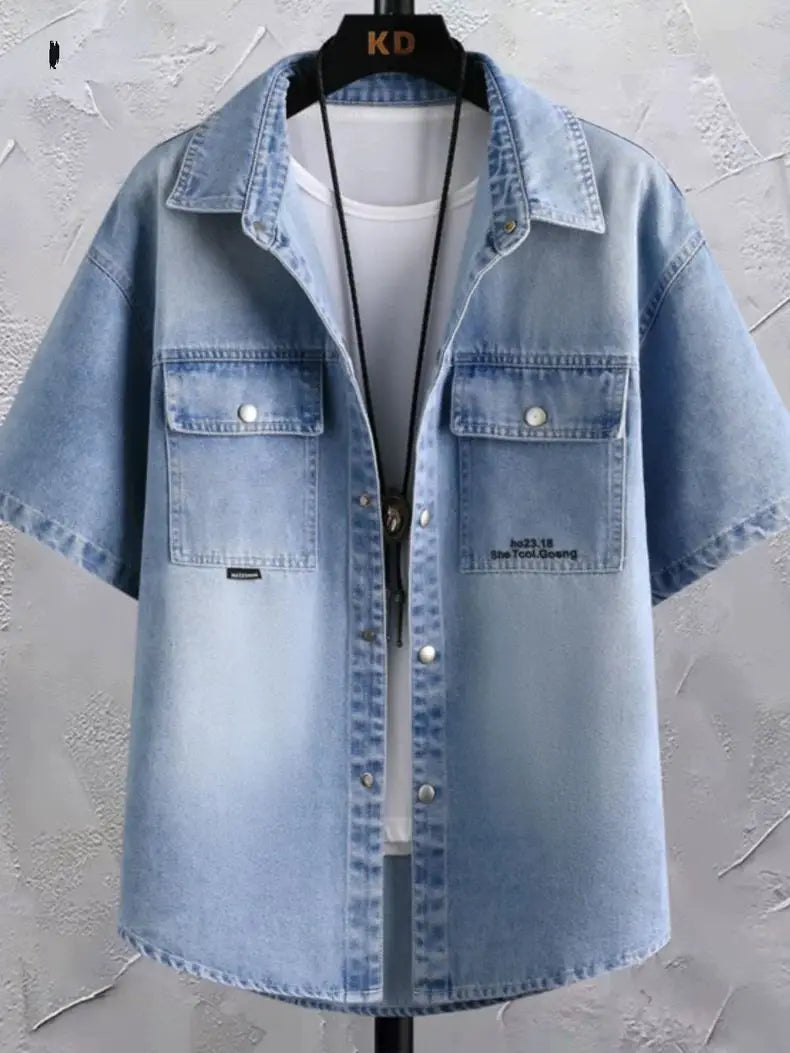 Summer 2025 Men Clothing Denim Short Sleeve Shirt Men's Retro Thin Light Blue Casual Top Student Half Sleeve Shirt with Pocket