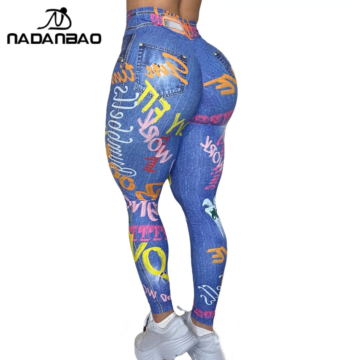Women Semales Slim Legging Imitation Denim Printed High Waist Yoga Pants with Sexy Alphabet Lifting Hip Underpants