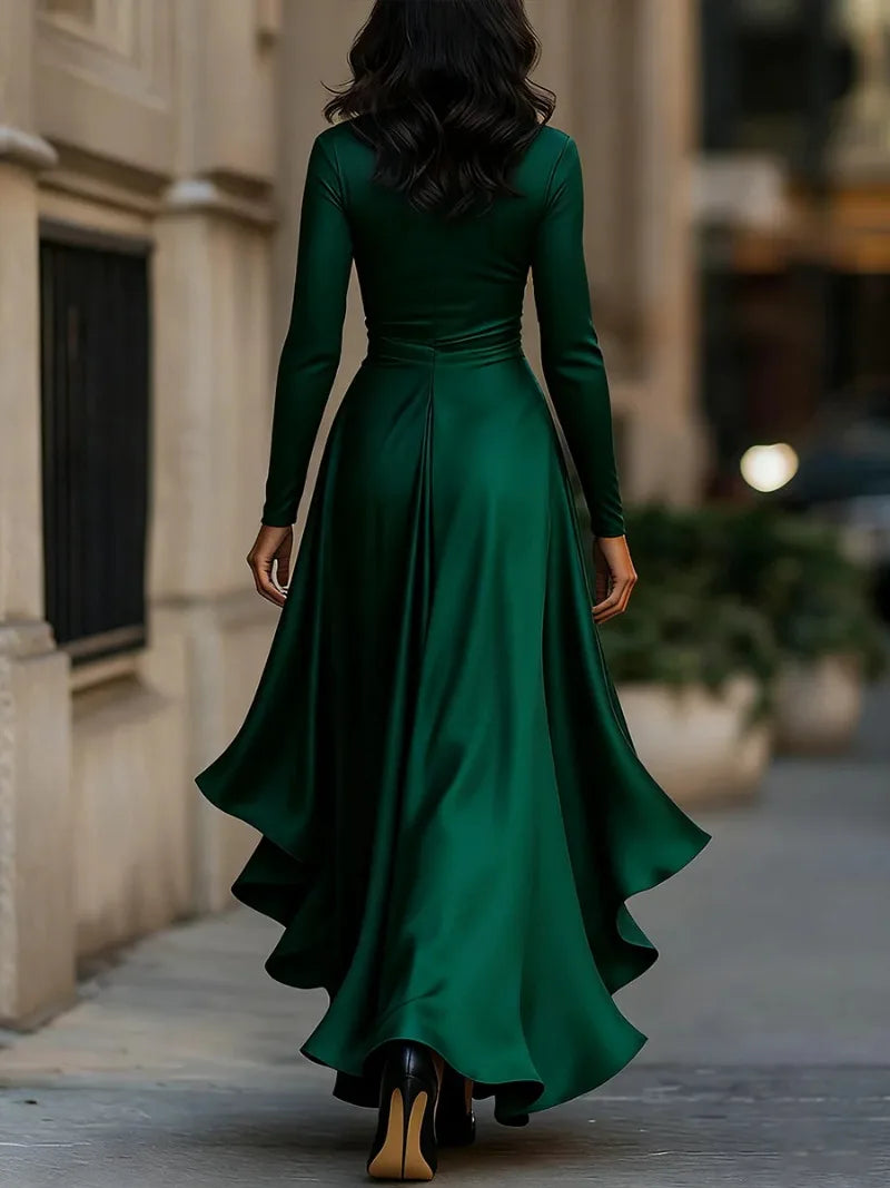Annual Meeting Long-Sleeved Women V-Neck Dress Satin Ruffle Dress Elegant Evening Gown Mermaid Skirt for Banquets