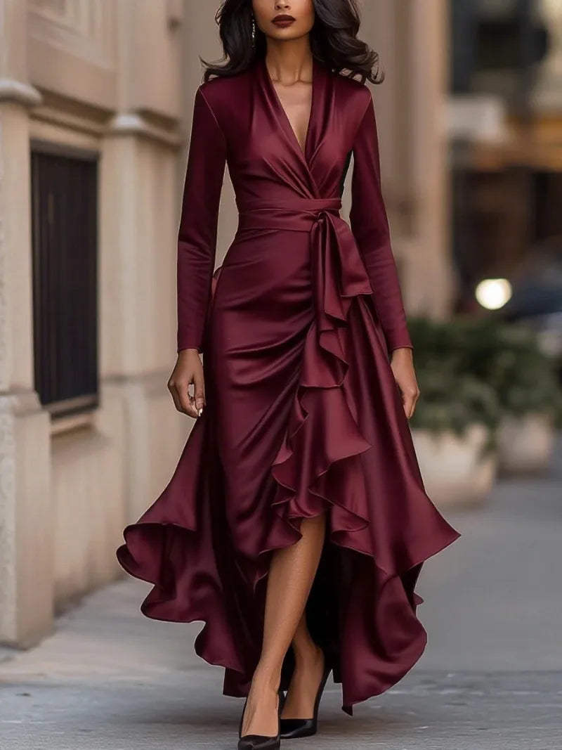 Annual Meeting Long-Sleeved Women V-Neck Dress Satin Ruffle Dress Elegant Evening Gown Mermaid Skirt for Banquets