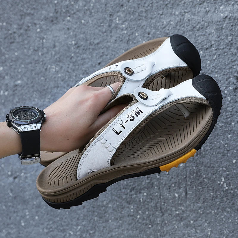 Genuine Cow Leather Shoes Men Sandals Mens Flip Flops Men's Casual Shoes Classic Massage Beach Slippers Anti-slip Summer 2021
