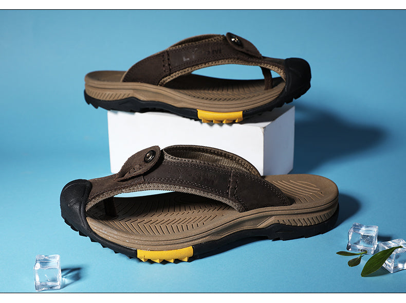 Genuine Cow Leather Shoes Men Sandals Mens Flip Flops Men's Casual Shoes Classic Massage Beach Slippers Anti-slip Summer 2021