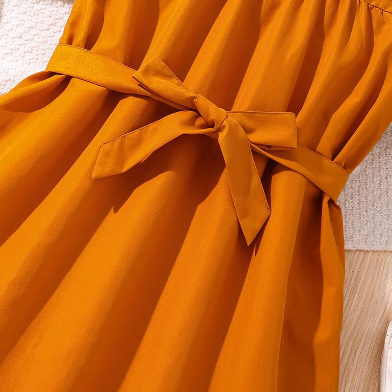 Kids Dress For Girls Brown Ruched Neckline Tiered Wing-Sleeve Belted Ruffled Dress 8-12 Years Summer Birthday Party Baptism Gown