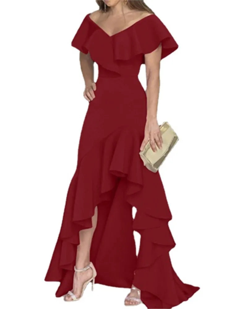 Summer Women Elegant Evening Long Dress 2025 Fashion Elegant V Neck Slim Wrap Hip Solid Color Party Prom Ruffle Sleeves Vestidos
