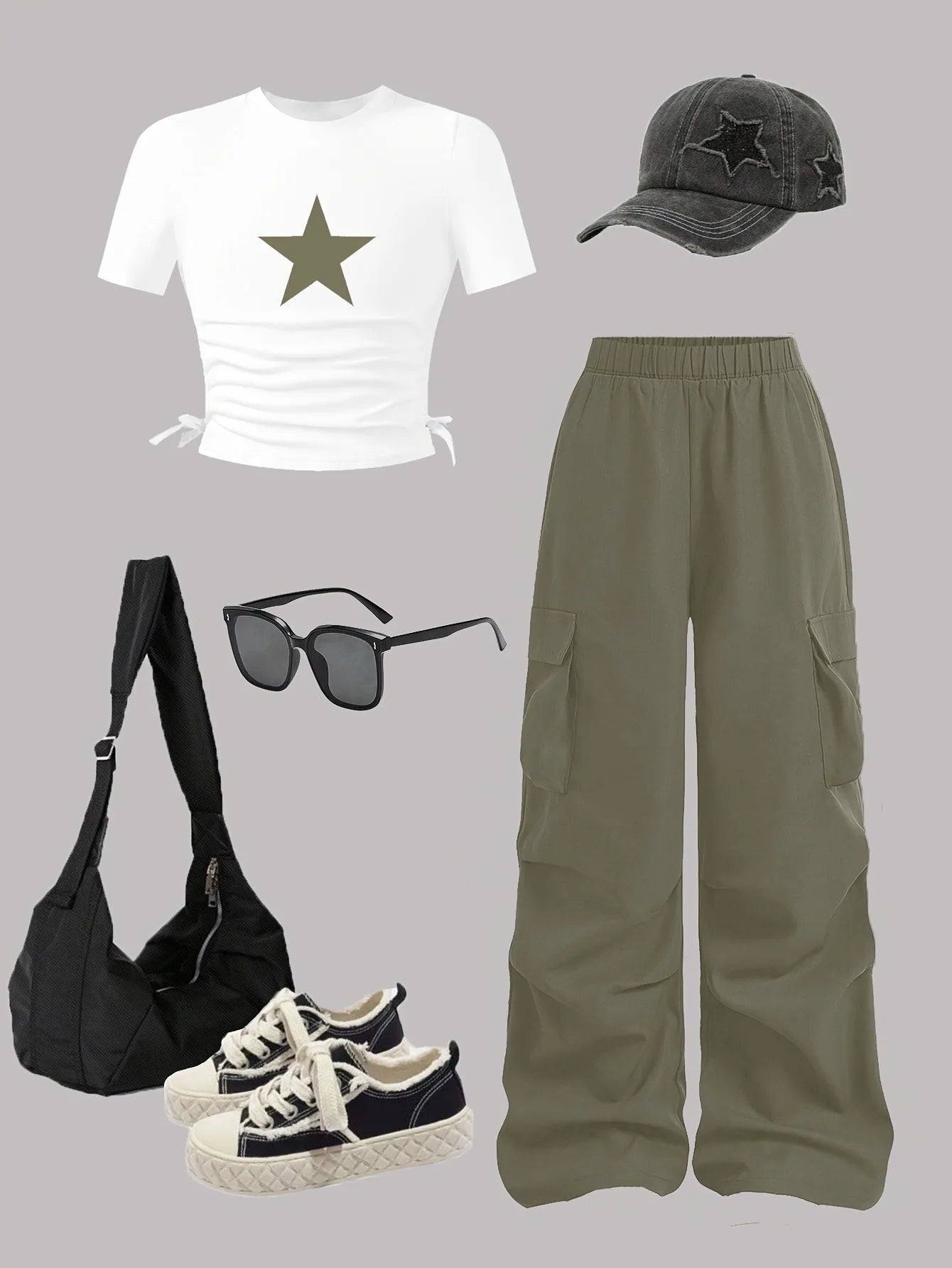 Trendy Tween Girls 2Pcs Star Print Ruched Crop Top & Olive Cargo Pants Set Kids Summer Streetwear Casual Co-Ord