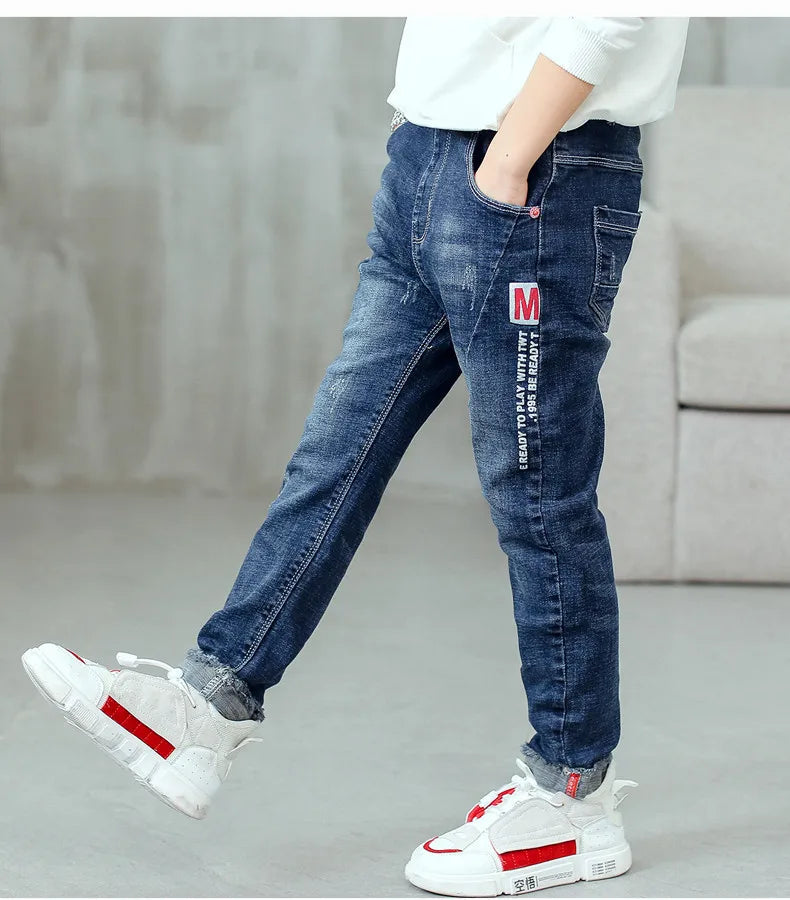 New Spring Autumn Boys Jeans Letter M Slim Fit Style Casual Long Trousers For Kids Handsome Children Birthday Present