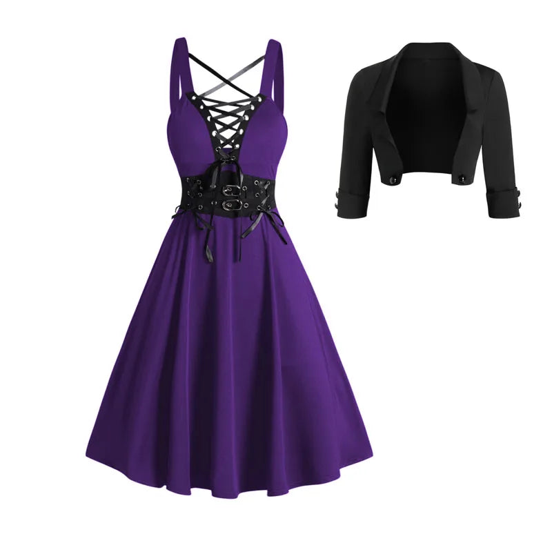 2025 Womens Gothic Dresses Sets Solid Color Open Front Crop Jacket and Lace Up Buckle Strap Crisscross Dress Outfit