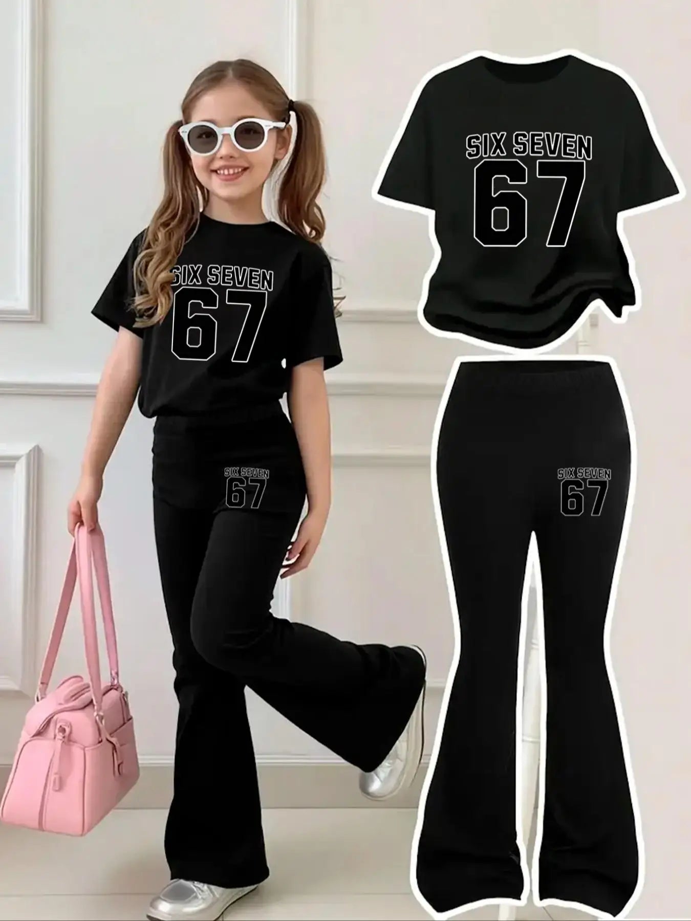 Children's Clothing Girls' Short-Sleeved Set for Ages 4-12, Sweet and Cool Pink and Black, 67 Letter and Number Short-Sleeved Bell-Bottom Pants Set, Both Pants and Short-Sleeved Shirts Have 67 Six Seven Print