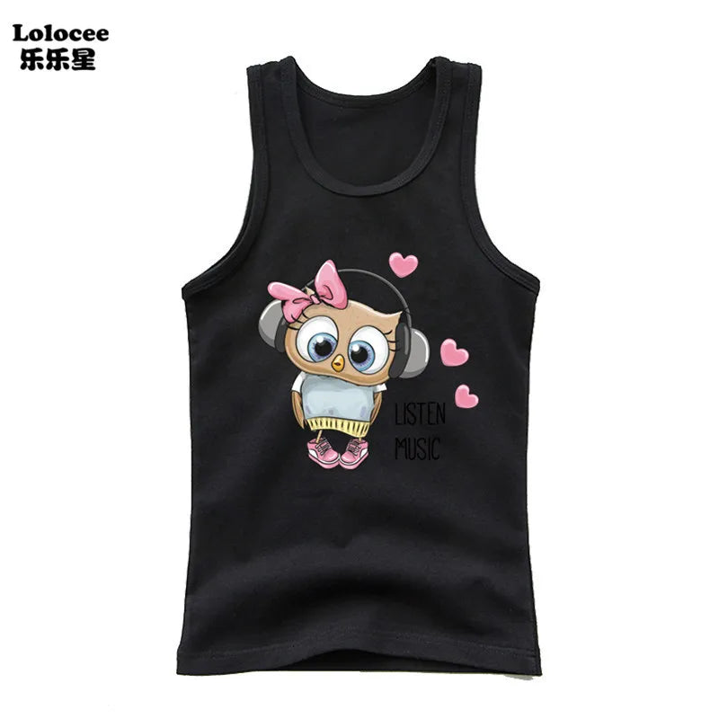 Girls Sleeveless Vest 2025 Summer New Sports Undershirt Cute Owl Print Cotton Tank Top for Kids 3-14 Years