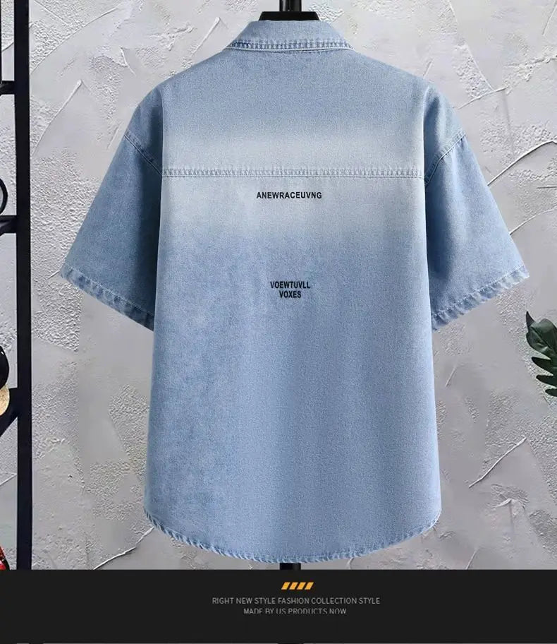 Summer 2025 Men Clothing Denim Short Sleeve Shirt Men's Retro Thin Light Blue Casual Top Student Half Sleeve Shirt with Pocket