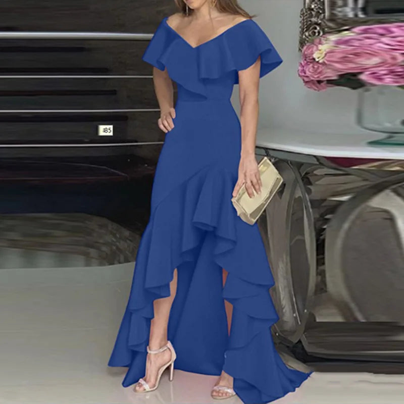 Summer Women Elegant Evening Long Dress 2025 Fashion Elegant V Neck Slim Wrap Hip Solid Color Party Prom Ruffle Sleeves Vestidos