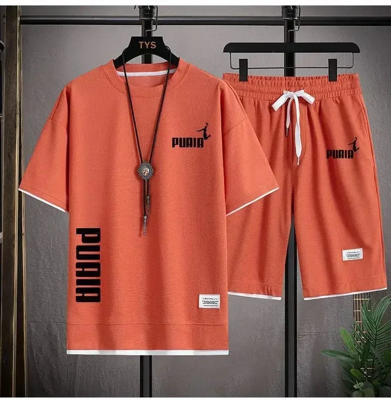 2026 new men's summer clothing, quick drying, breathable, elastic, short sleeves + short pants, two-piece set, a combination of