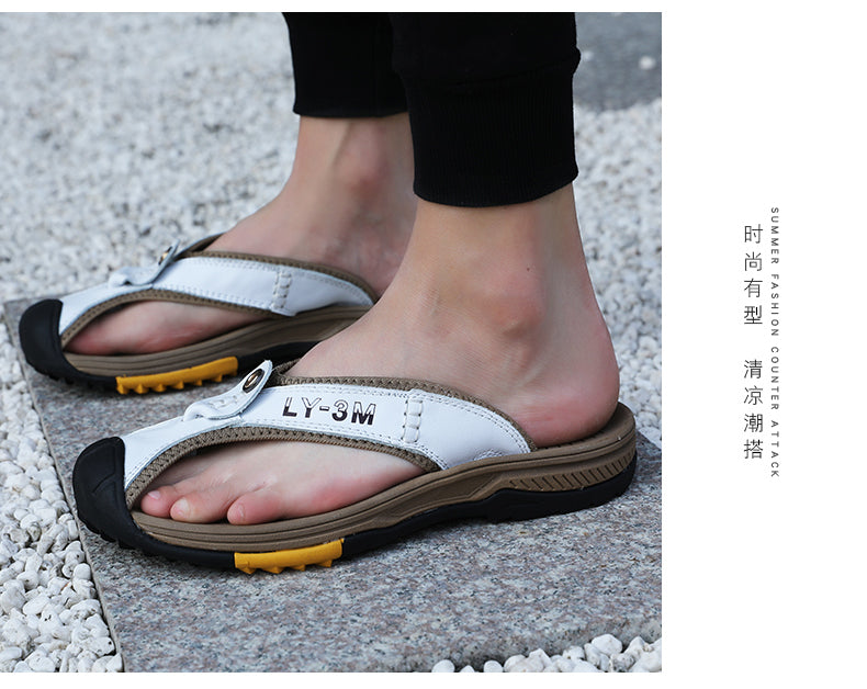 Genuine Cow Leather Shoes Men Sandals Mens Flip Flops Men's Casual Shoes Classic Massage Beach Slippers Anti-slip Summer 2021