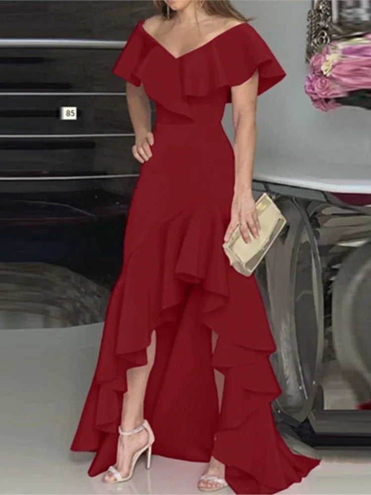 Summer Women Elegant Evening Long Dress 2025 Fashion Elegant V Neck Slim Wrap Hip Solid Color Party Prom Ruffle Sleeves Vestidos