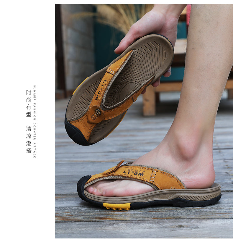 Genuine Cow Leather Shoes Men Sandals Mens Flip Flops Men's Casual Shoes Classic Massage Beach Slippers Anti-slip Summer 2021