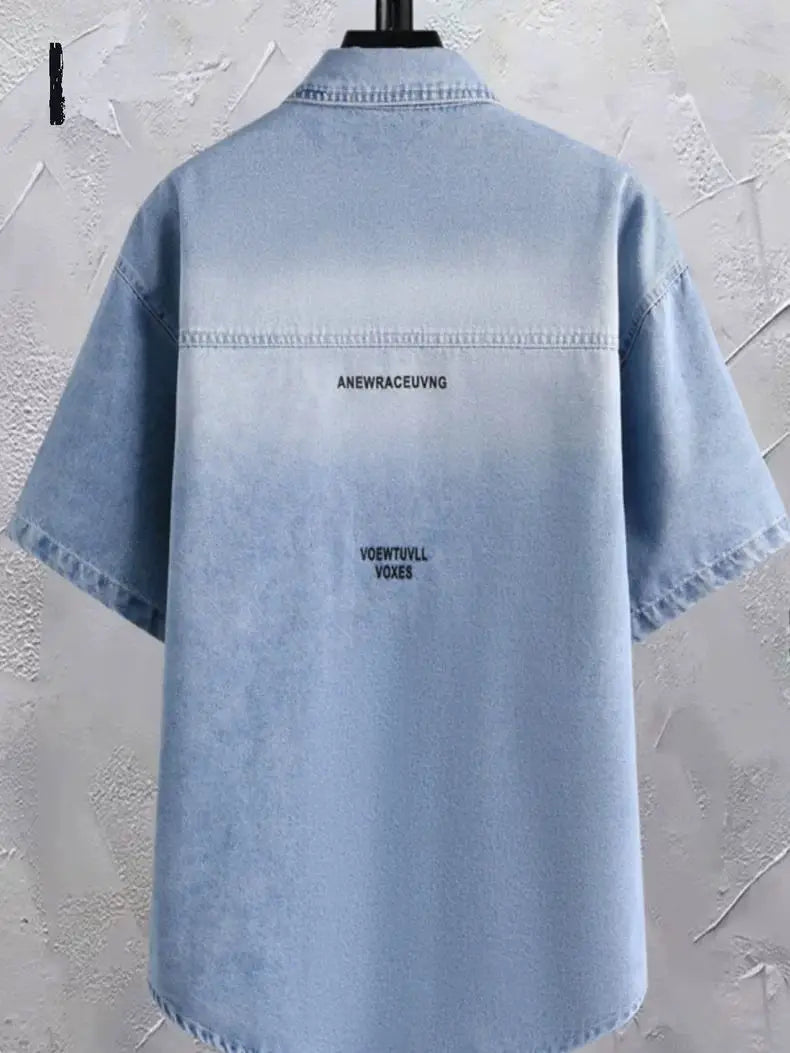 Summer 2025 Men Clothing Denim Short Sleeve Shirt Men's Retro Thin Light Blue Casual Top Student Half Sleeve Shirt with Pocket
