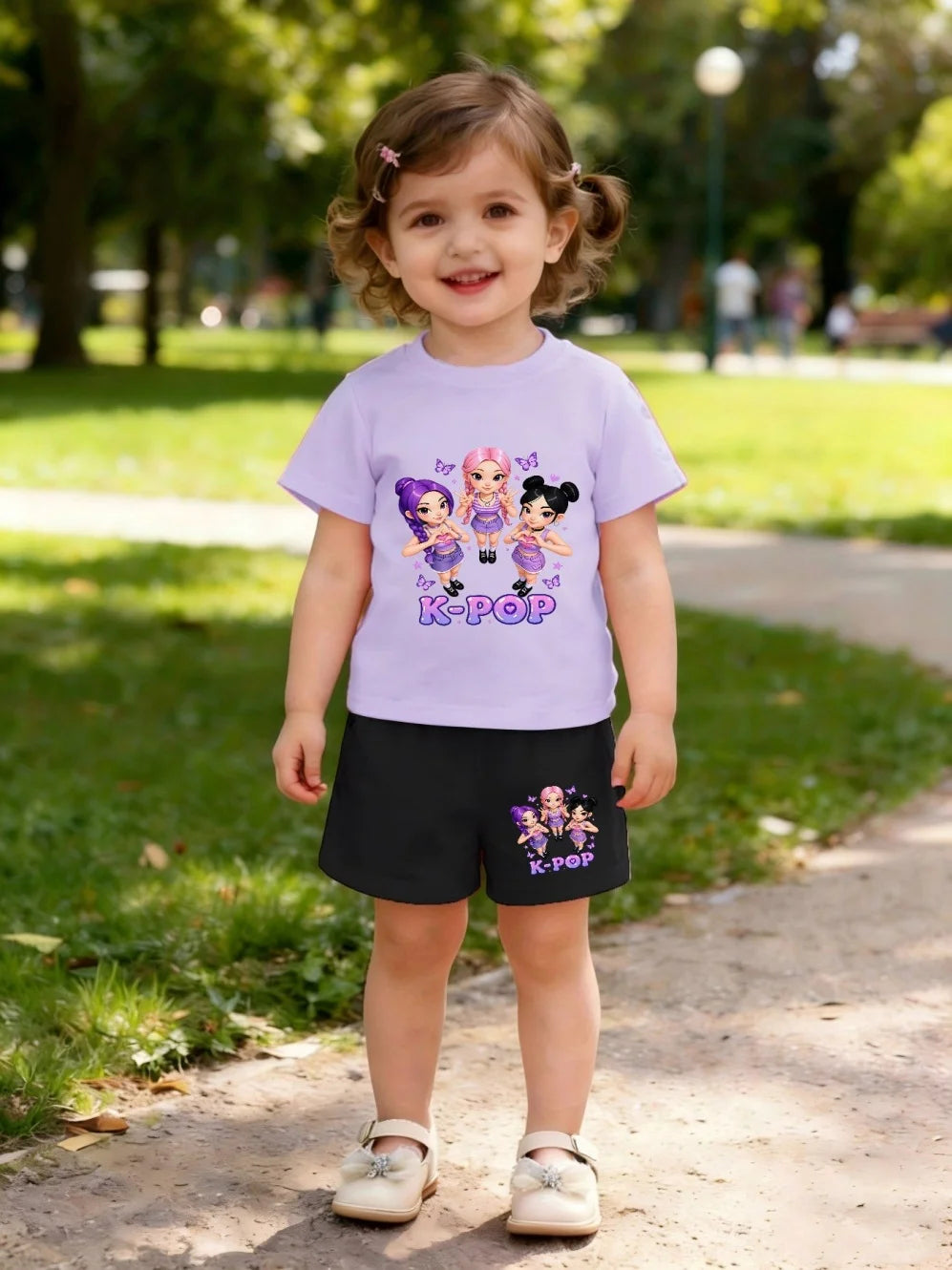 Summer Suit for Girl Fashion K-Pop Cartoon Girl Print Kids Set Outdoor Casual Streetwear Short Sleeves Teen Girl Clothes Suit