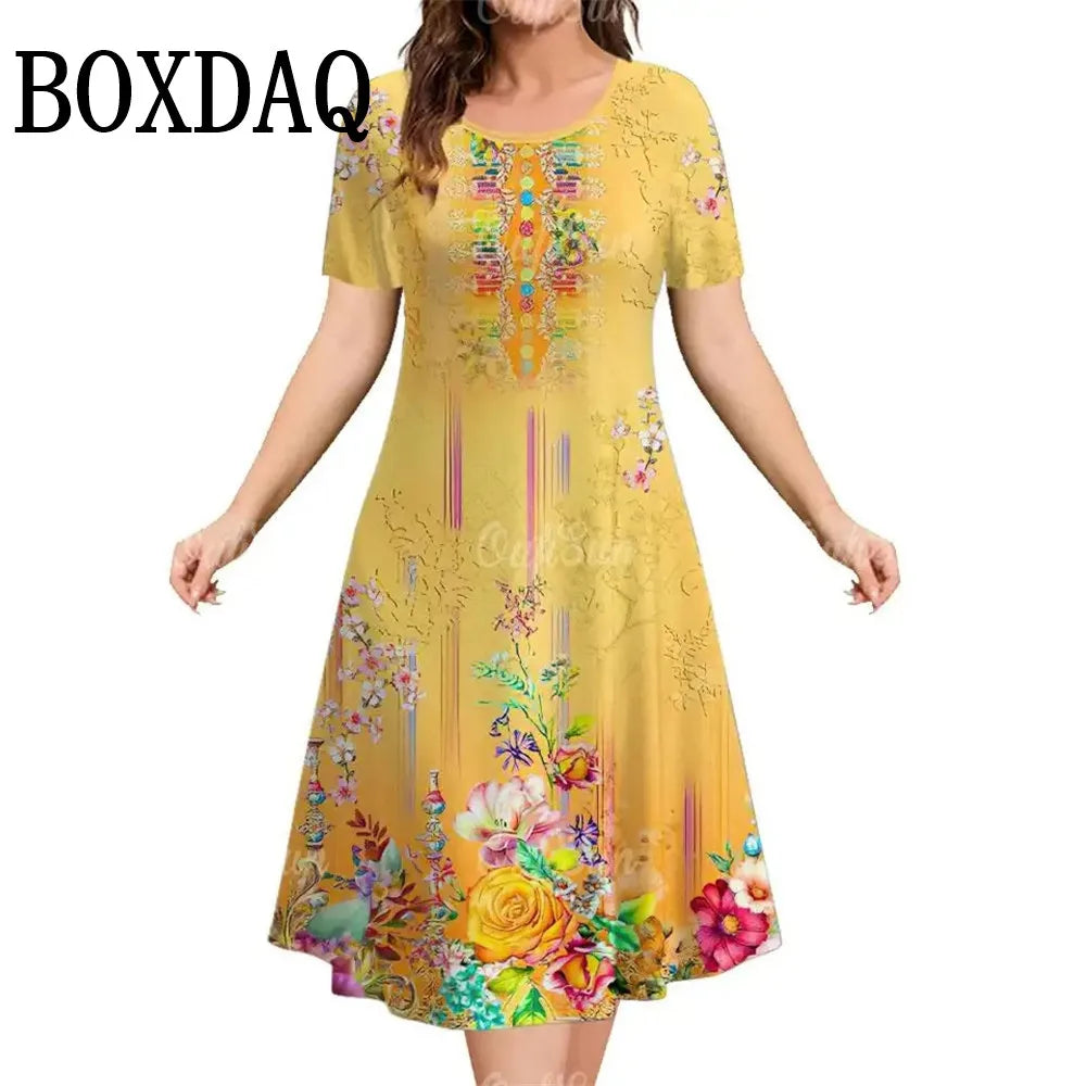 Summer Short Sleeve Clothing Colorful Print Women's Dresses 2025 Casual Fashion Plus Size Loose Pullover Elegant Dress For Woman