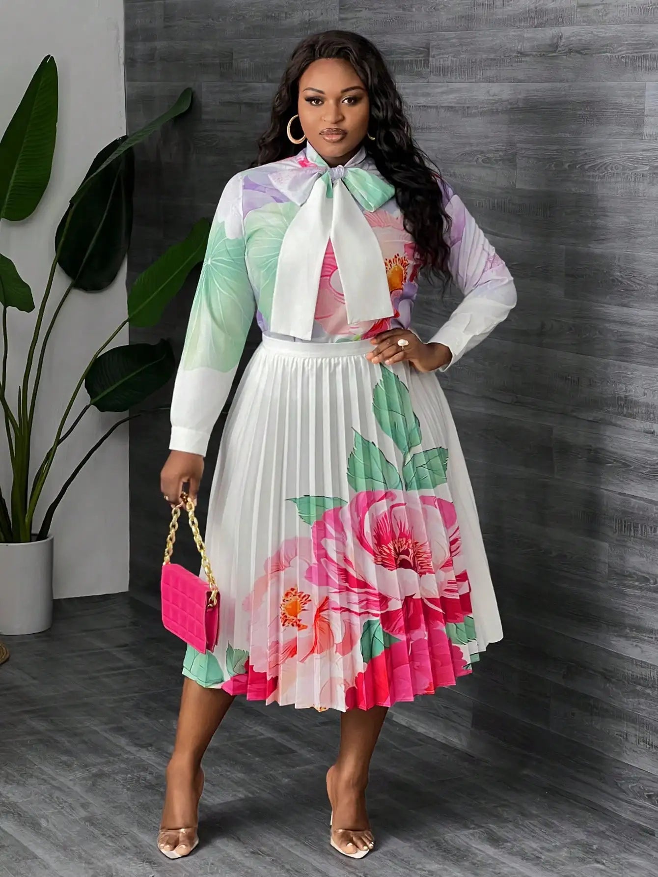 Slaydiva Plus Size Floral Print Blouse & Pleated A-Line Skirt Set for Women, Elegant Spring Summer Outfit