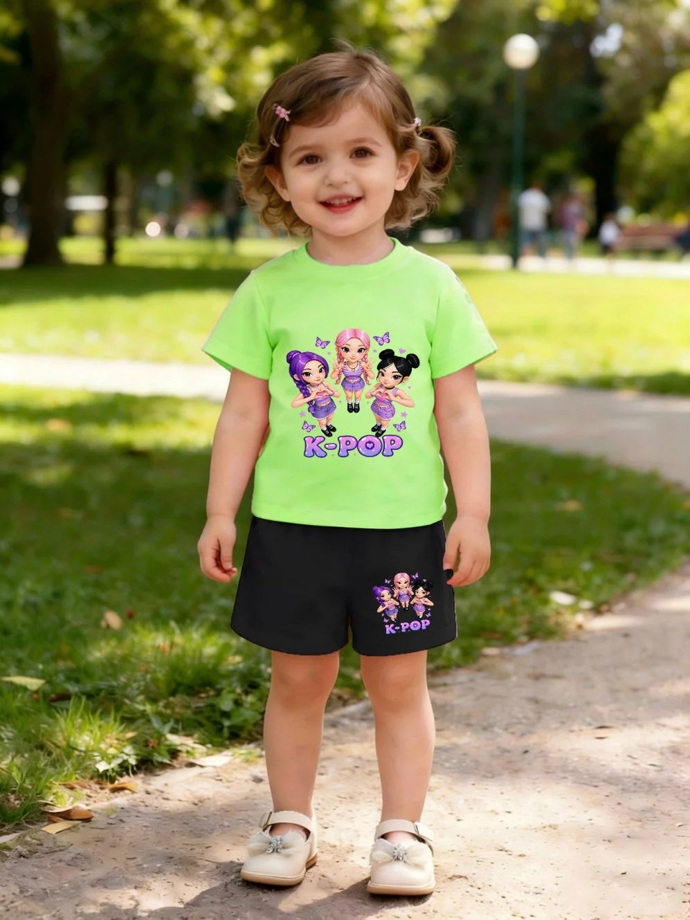 Summer Suit for Girl Fashion K-Pop Cartoon Girl Print Kids Set Outdoor Casual Streetwear Short Sleeves Teen Girl Clothes Suit
