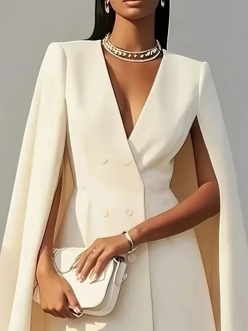 Women's suit dress for autumn office wear, double-breasted cape-like cloak, solid color V-neck suit jacket