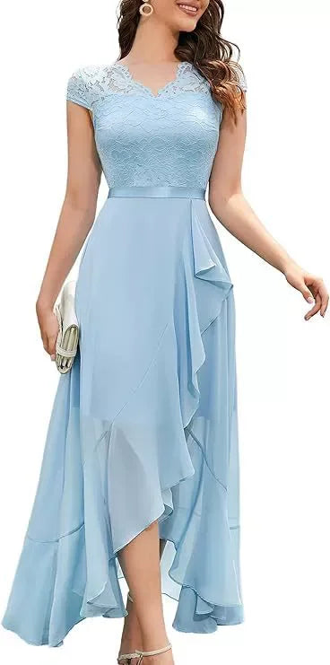 Women Evening Party Dress Summer Elegant Fashion Sleeveless Lace Spliced Chiffon Ruffled Irregular Hem Cocktail Long Dresses