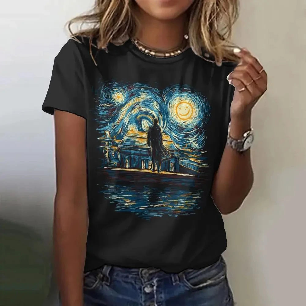 Summer Women Clothing T-shirt Crewneck Top Casual Comfort Short Sleeve Vintage Print Loose Breathable Clothing Women's T-shirt