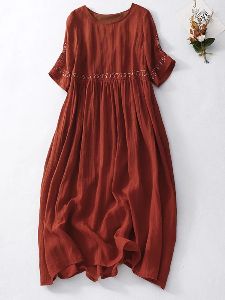 Summer New Dresses for Women LOOSE Embroidery Vintage Dress Streetwear Long Dresses Women Clothing Robe O-Neck White Dress