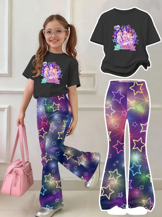 Girls 2-Piece 2026 Concert Outfit – Black Graphic T-Shirt & Neon Star Print Flared Pants Set for Kids