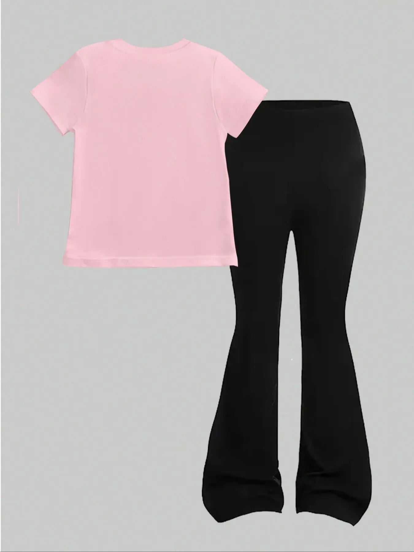 Children's Clothing Girls' Short-Sleeved Set for Ages 4-12, Sweet and Cool Pink and Black, 67 Letter and Number Short-Sleeved Bell-Bottom Pants Set, Both Pants and Short-Sleeved Shirts Have 67 Six Seven Print
