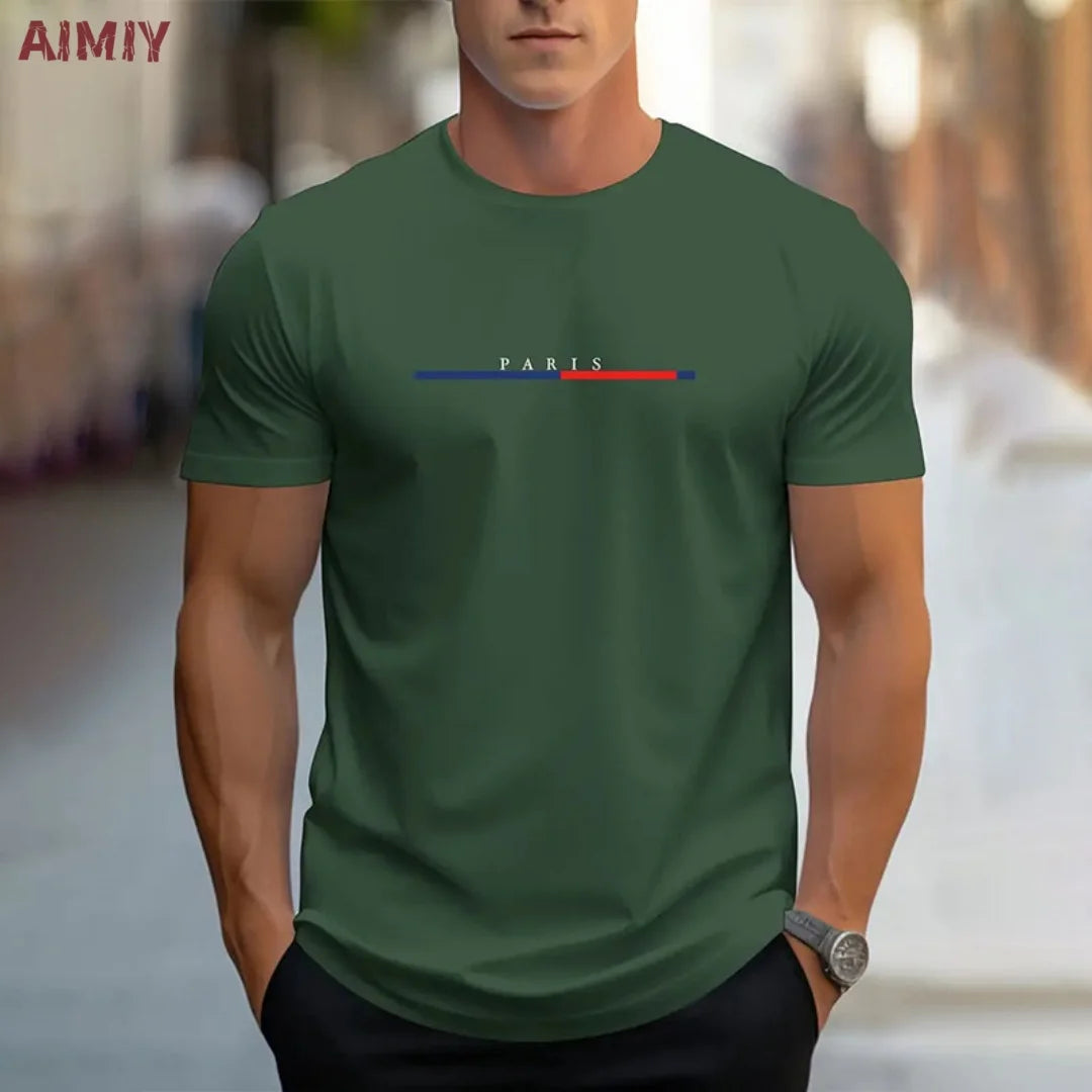 Summer Men's T-shirt Top Casual Loose Fit Oversized T-shirt PARI Letter Pattern Printed Round Neck Short Sleeved Homme Vêtement